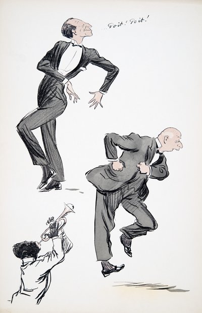 Due uomini in abiti eleganti che ballano mentre un musicista suona la tromba, da White Bottoms, pub. 1927 da Sem