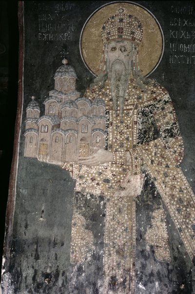 Re Stefano Uroš II Milutin con un modello della chiesa, 1311-21 da Serbian School