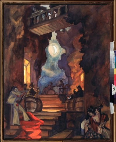 Scenografia preparatoria per lo spettacolo di pantomima "La sciarpa di Colombina" di Arthur Schnitzler da Sergei Yurevich Sudeikin