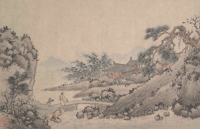 Paesaggio con uomo che attraversa un ponte da Shen Zhou