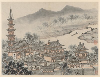 Dodici vedute di Tiger Hill, Suzhou: La Sala dei Mille Buddha e la Pagoda, dopo il 1490 da Shen Zhou
