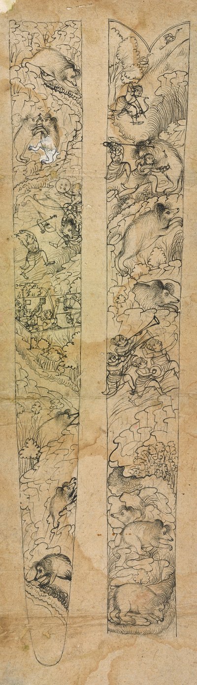 Un raja che caccia cinghiali selvatici, disegno per un fodero da Shevdar Gangeyagi