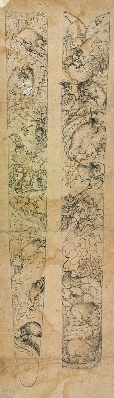 Un raja che caccia cinghiali selvatici, disegno per un fodero, ca. 1750-1760 da Shevdar Gangeyagi
