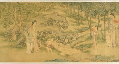 Donne e bambini in un giardino da Shi Wang