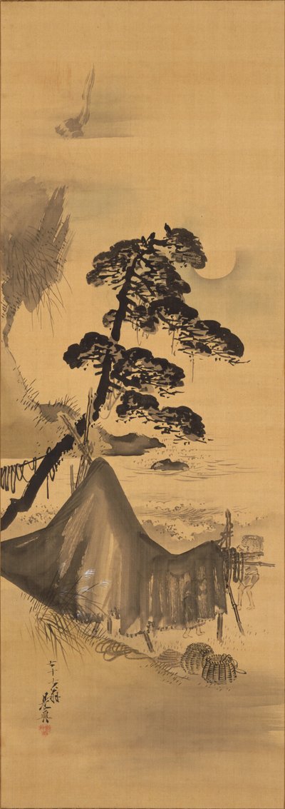 Herbstmond über einem Fischerdorf da Shibata Zeshin