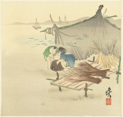 Bambini vicino a una rete da pesca da Shibata Zeshin
