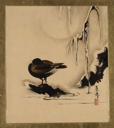 Dipinti di Lacca di Vari Soggetti: Uccello e Salice nella Neve da Shibata Zeshin