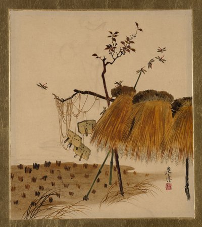 Dipinti di lacca di vari soggetti: Mucchio di riso e libellule, 1882 da Shibata Zeshin