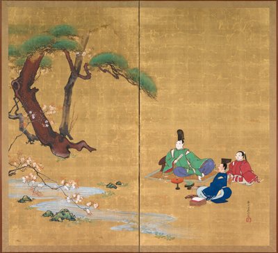 Narihira che osserva i fiori di ciliegio da Shibata Zeshin