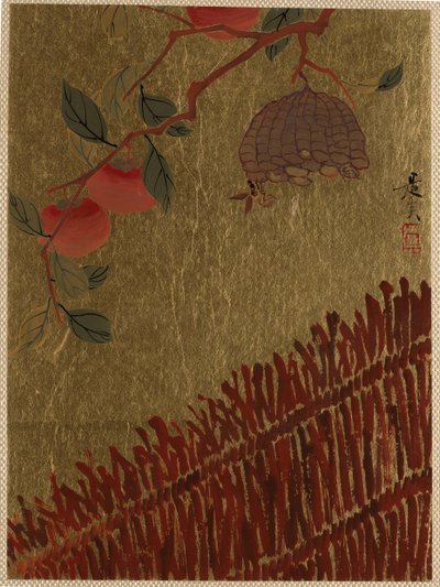 Ramo di Cachi e Nido di Vespe sopra una Siepe da Shibata Zeshin