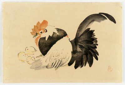 Gallo, gallina e pulcini, era Meiji, 1870-79 da Shibata Zeshin