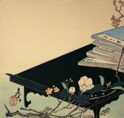 Pila di libri e fiori di pruno su un tavolo da Shibata Zeshin