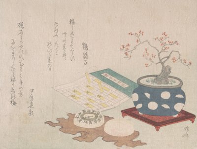 Bonsai di prugna, bussola e meridiana tascabile con disegno del calendario, da Spring Rain Surimon da Shinsai