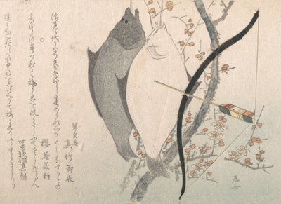 Halibut e un arco con freccia appesi a un albero di prugne da Shinsai