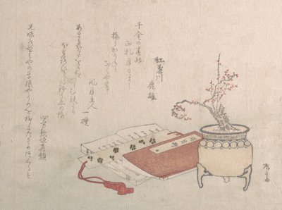 Albero di prugne in vaso in fiore e libri da Shinsai