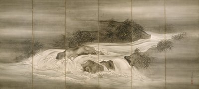 Paesaggio fluviale con lucciole da Shiokawa Bunrin