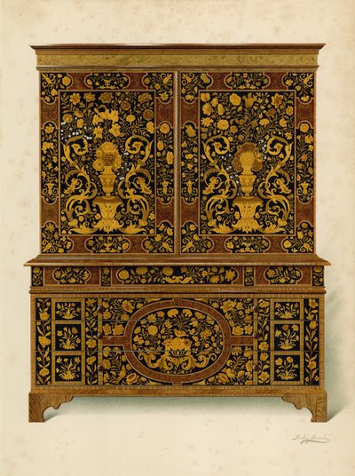 Stampa di un mobile intarsiato con marqueterie, proprietà del Marchese di Exeter da Shirley Charles Llewellyn Slocombe