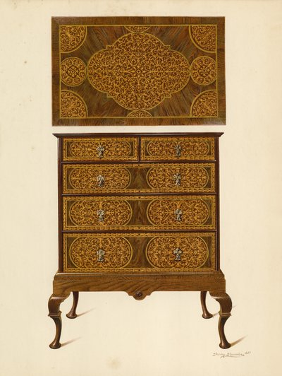 Cassettiera intarsiata con marqueterie da Shirley Charles Llewellyn Slocombe