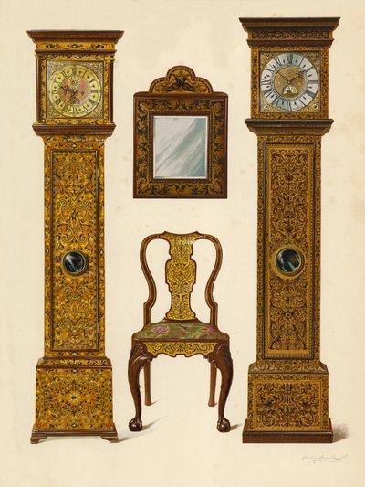 Orologio intarsiato con marqueterie chiara, proprietà di Percy Macquoid; Orologio intarsiato con marqueterie scura, Victoria and Albert Museum; Sedia in noce intarsiata con marqueterie; Specchio da Shirley Charles Llewellyn Slocombe