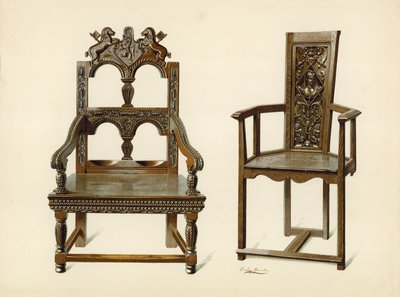 Sedia Cacqueteuse di quercia, proprietà di Percy Macquoid; Sedia di tasso, proprietà del Duca di Leeds da Shirley Charles Llewellyn Slocombe