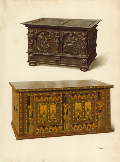 Cassapanca di quercia, proprietà di Seymour Lucas; Cassapanca Nonesuch intarsiata in quercia (cromolitografia) da Shirley Charles Llewellyn Slocombe