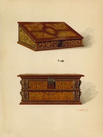 Scatola intarsiata in quercia, proprietà di Edward Quilter da Shirley Charles Llewellyn Slocombe