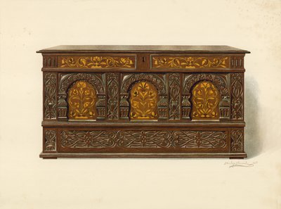 Cassapanca Intarsiata in Quercia, proprietà di Arthur James da Shirley Charles Llewellyn Slocombe