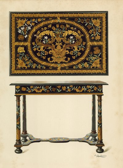 Tavolo intarsiato con marqueterie, proprietà di Lord Zouche di Haryngworth da Shirley Charles Llewellyn Slocombe