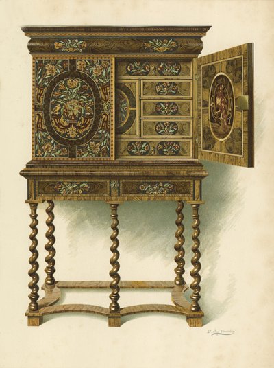 Armadio di noce intarsiato con marqueterie, proprietà di The Hon Charlotte Maria Lady North e R Eden Dickson (cromolitografia) da Shirley Charles Llewellyn Slocombe