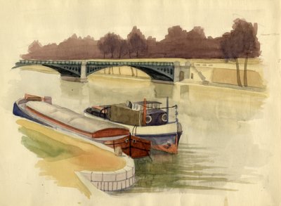 Chiatte sul fiume Tamigi vicino al ponte di Battersea, Londra, c1951 da Shirley Markham