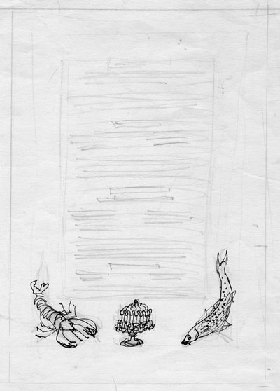Aragosta, pesce e torta, design del menu, c. 1950 da Shirley Markham