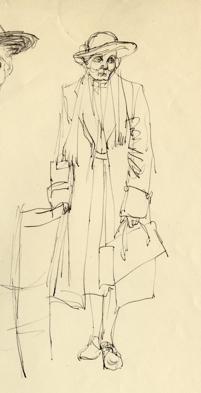 Donna in piedi con cappello da Shirley Markham
