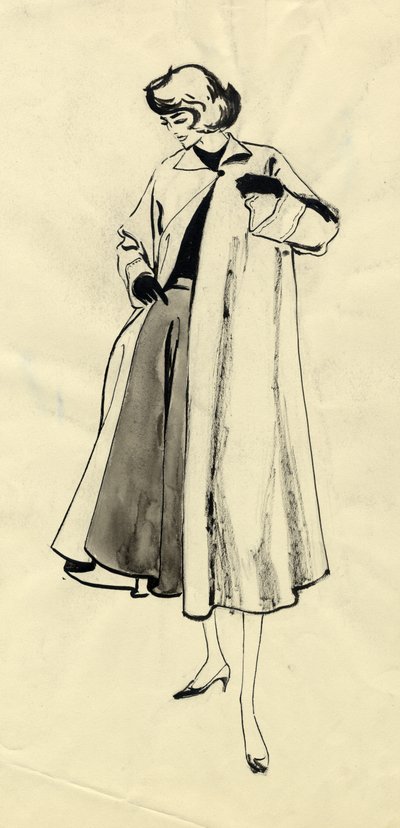 Donna in cappotto e gonna ampia da Shirley Markham