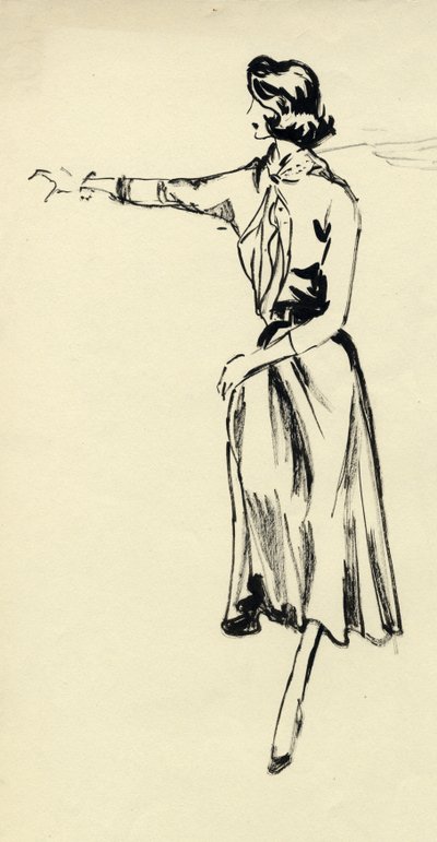 Donna con gonna ampia e braccio teso, c. 1950 da Shirley Markham
