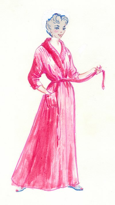 Donna in vestaglia rosa da Shirley Markham