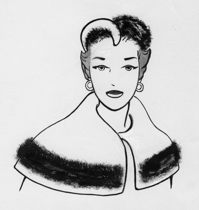 Donna con mantello bordato di pelliccia e cappello abbinato da Shirley Markham