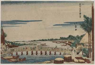 Veduta del grande ponte a Senju nella provincia di Musashi, c. 1820s da Shotei Hokuju