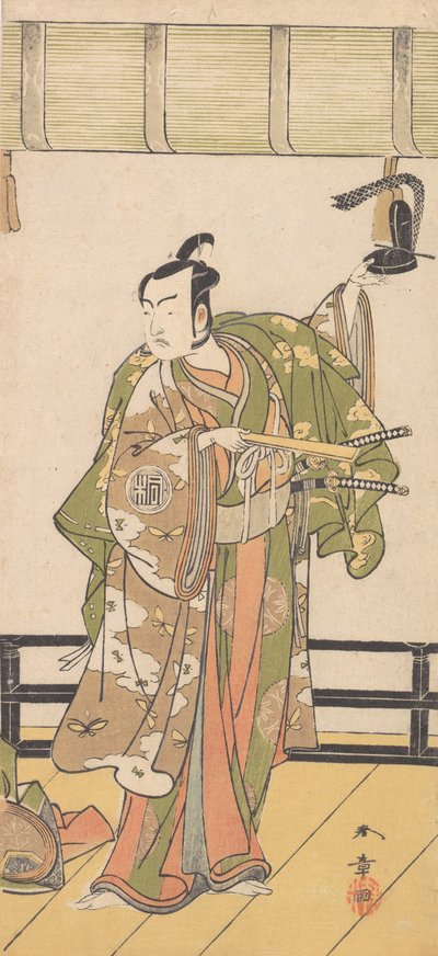 Arashi Sangoro come samurai in piedi sulla veranda di una grande casa da Shunsho