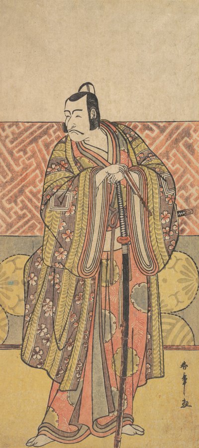 Ichikawa Danjuro V come Kudo Suketsune, riccamente vestito, appoggiato alla sua spada, fine XVIII secolo da Shunsho