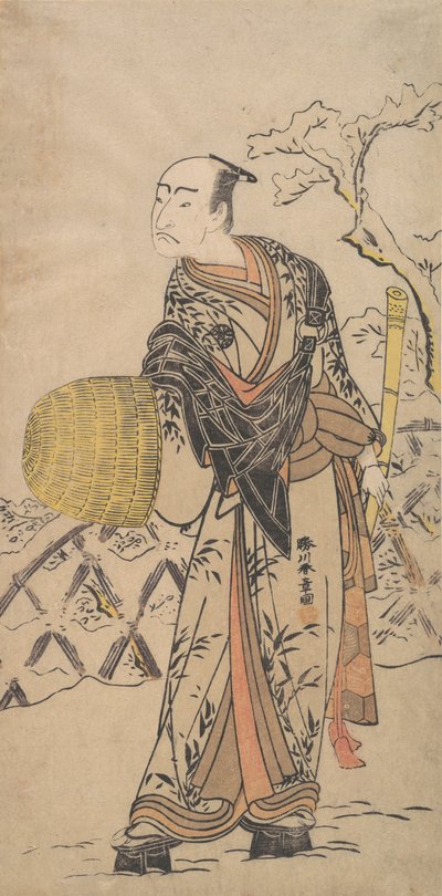 Il primo Nakamura Nakazo come un Komuso in piedi nella neve vicino a una recinzione, ca. 1775 da Shunsho