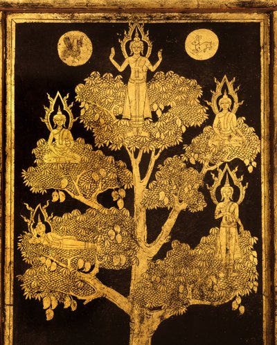 Pannello posteriore di un armadio per manoscritti con scene buddiste, probabilmente tardo periodo Ayutthaya da Siamese School