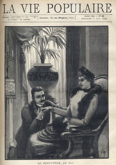 Un uomo in ginocchio tiene la mano di una donna elegante, seduta in un salotto borghese, indossando il suo cappotto, una manica e una sciarpa di pelliccia. Illustrazione per Le Seducteur par Gyp (Sibylle Gabrielle Marie Antoinette Riquetti de Mirabeau, Con da Sibylle Gabrielle de Riquetti de Mirabeau