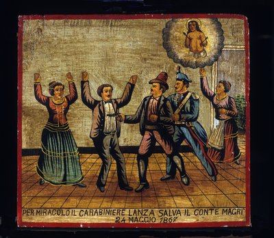 Ex-voto siciliano: "Per miracolo, il carabiniere Lanza salva il conte Magri il 24/05/1867". Rappresentazione di un brigantaggio: un brigante attacca con la pistola la coppia Magri mentre il carabiniere lo sorprende da dietro da Sicilian School