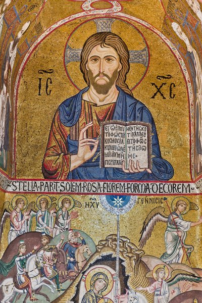 Cappella Palatina (Basilica), abside meridionale o "absidiola" di San Paolo, mosaici: "Cristo Pantocratore" e "Natività", XII secolo da Sicilian School