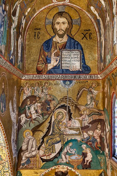 Cappella Palatina (Basilica), abside meridionale o absidiola di San Paolo, mosaici: Cristo Pantocratore e Natività, XII secolo da Sicilian School