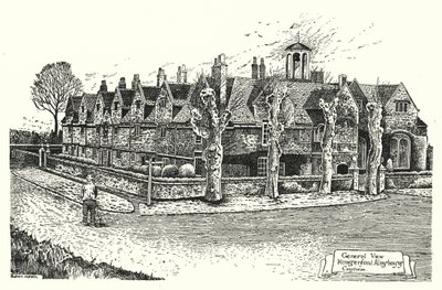 Vista generale, case di carità di Hungerford, Corsham (incisione) da Sidney Heath
