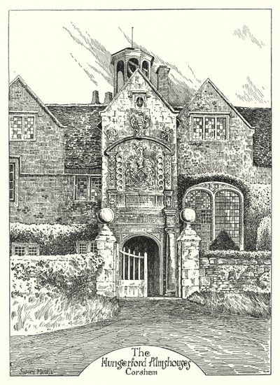 Le case di riposo di Hungerford, Corsham (incisione) da Sidney Heath