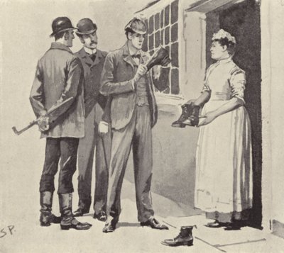 La cameriera ci mostrò gli stivali: scena dalla storia di Sherlock Holmes Il mistero della Valle di Boscombe, di Arthur Conan Doyle da Sidney Paget