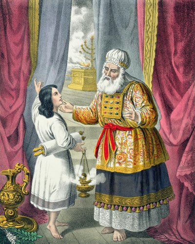 Eli interroga Samuele riguardo alla visione, da una bibbia stampata da Edward Gover da Siegfried Detler Bendixen