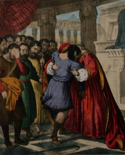 Il perdono di Giuseppe ai suoi fratelli, da una bibbia stampata da Edward Gover da Siegfried Detler Bendixen